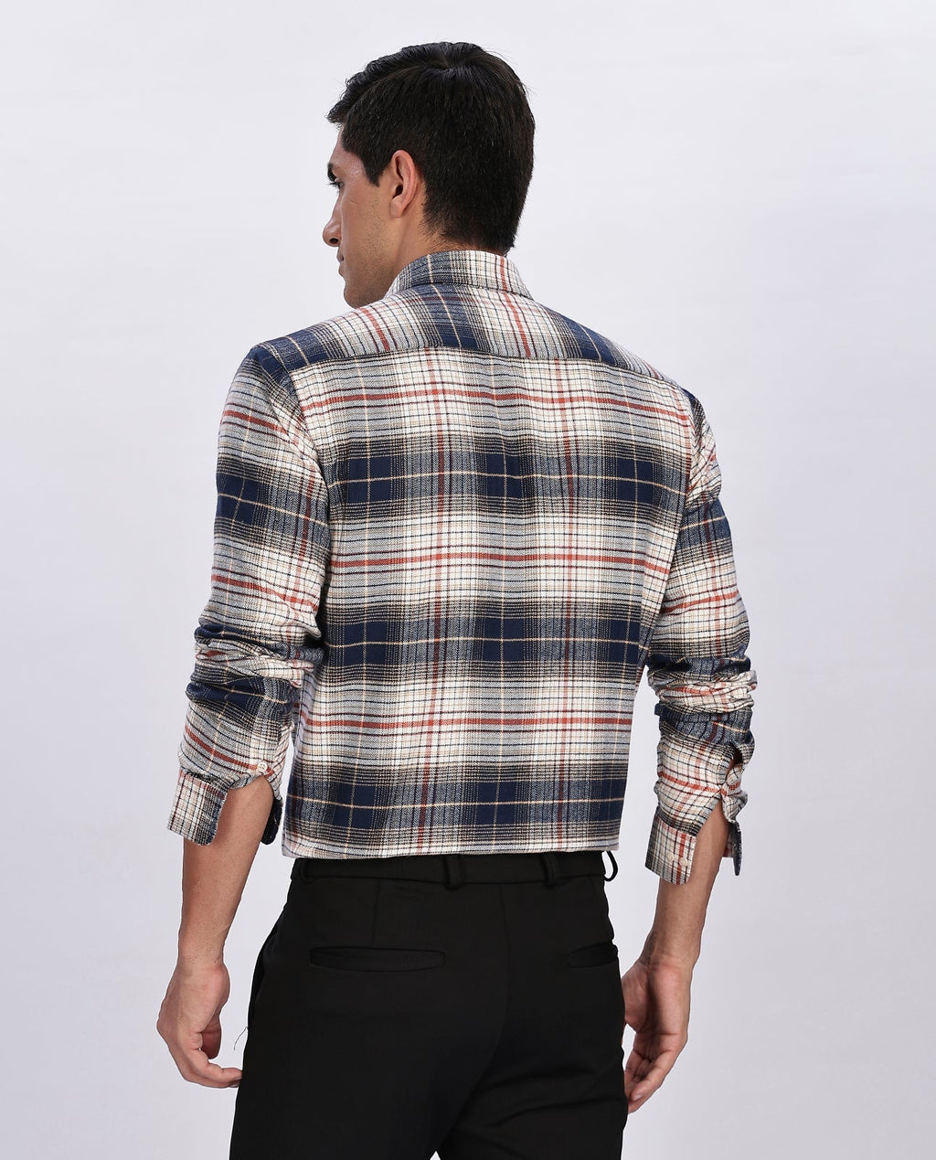 Men's Navy Blue Brushed Checks Regular Fit Shirt - Goamen