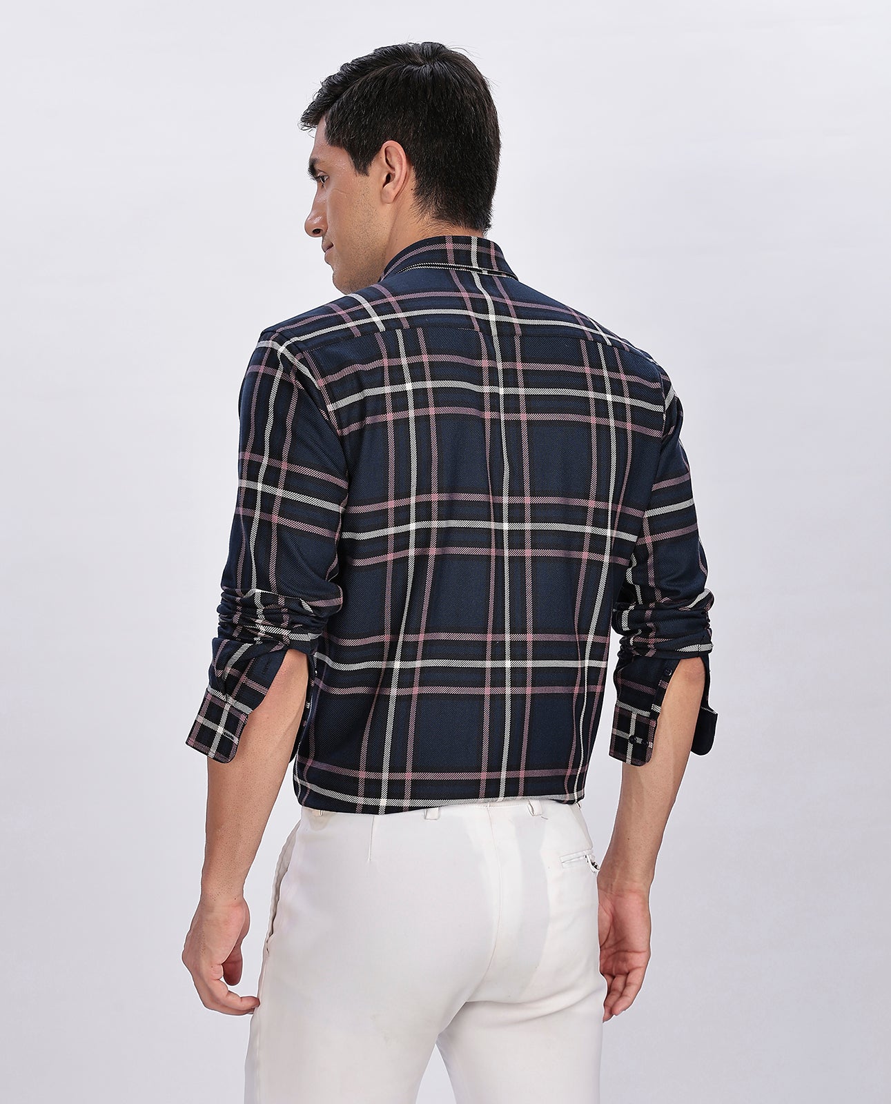Men's Navy Blue Brushed Checks Regular Fit Shirt - Goamen