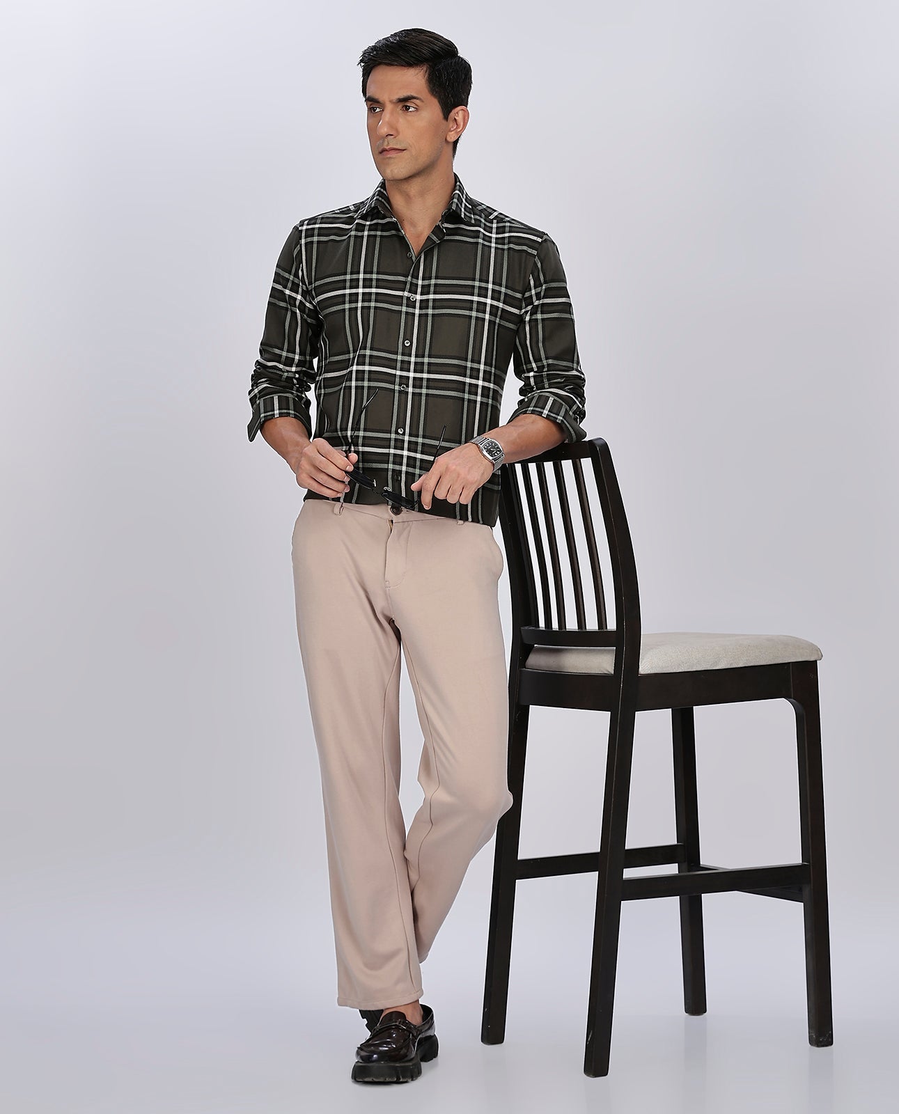 Dark Gray Brushed Checks Regular Fit Shirt - Goamen