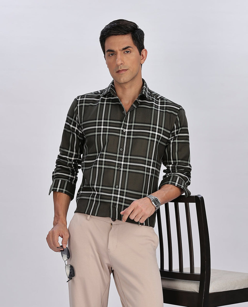 Dark Gray Brushed Checks Regular Fit Shirt - Goamen