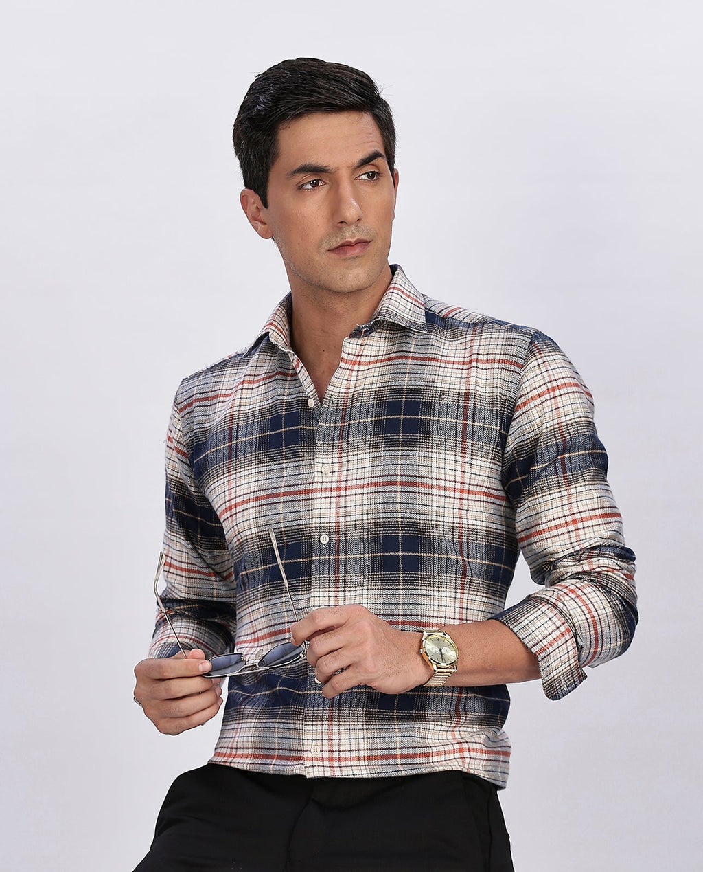 Men's Navy Blue Brushed Checks Regular Fit Shirt - Goamen