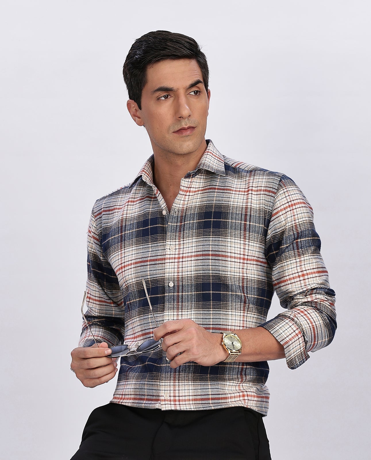 Men's Navy Blue Brushed Checks Regular Fit Shirt - Goamen