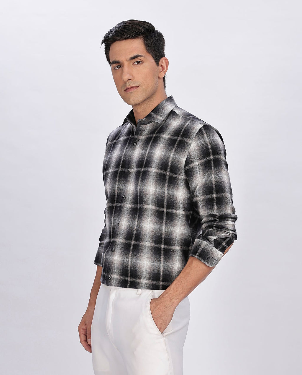 Men's Black Brushed Checks Regular Fit Shirt - Goamen