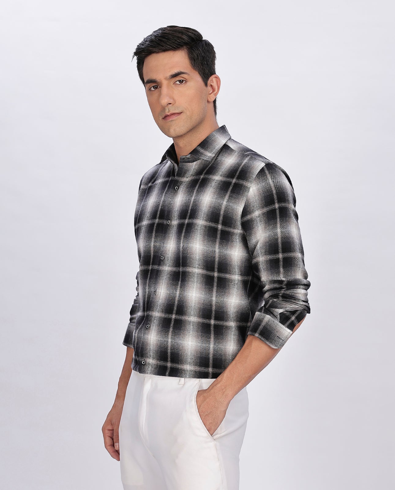 Men's Black Brushed Checks Regular Fit Shirt - Goamen