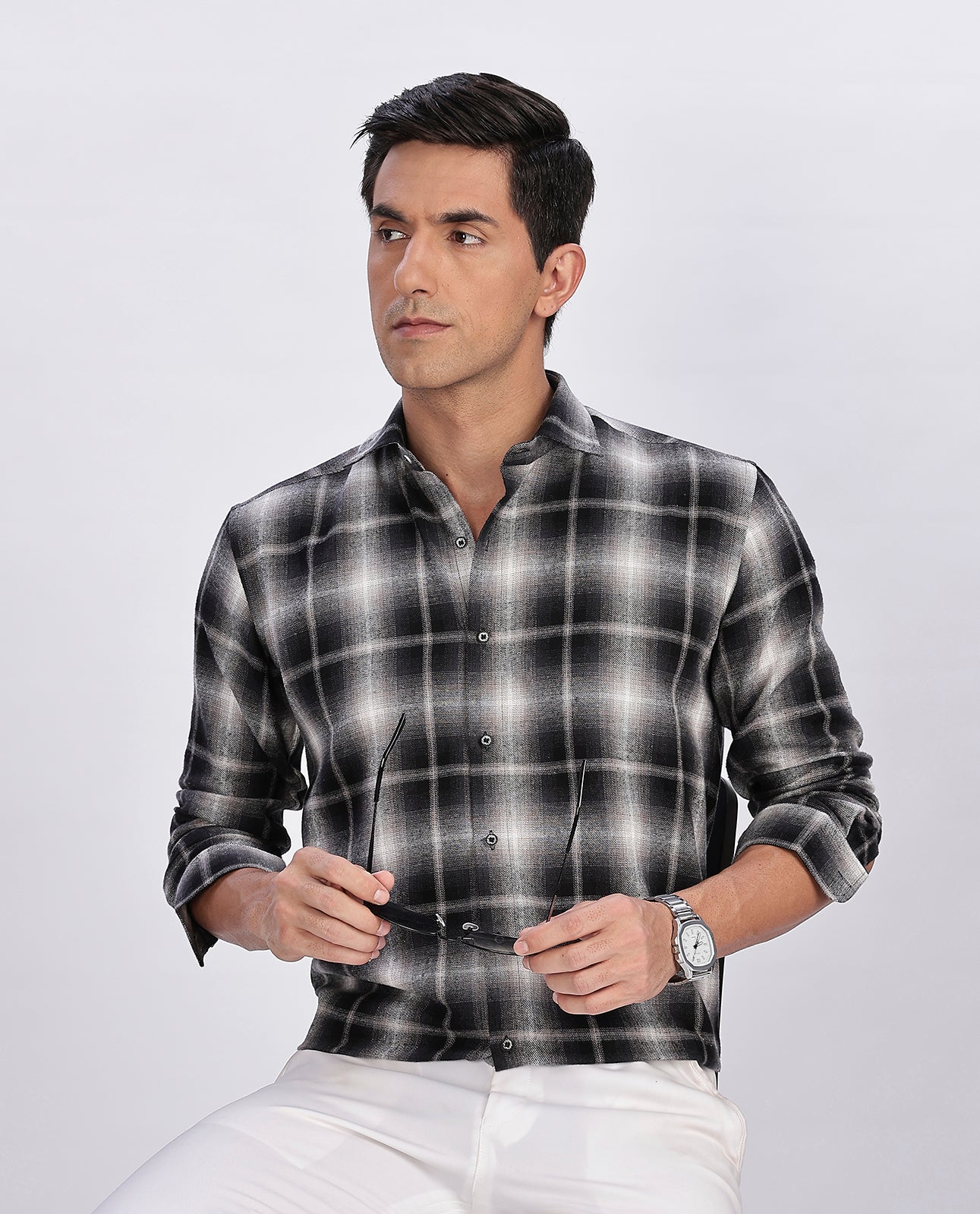Men's Black Brushed Checks Regular Fit Shirt - Goamen