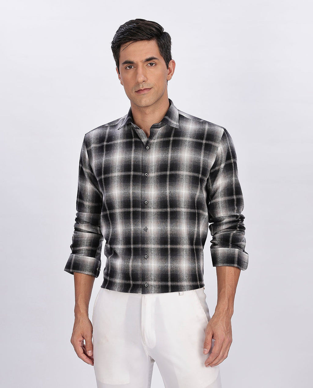 Men's Black Brushed Checks Regular Fit Shirt - Goamen
