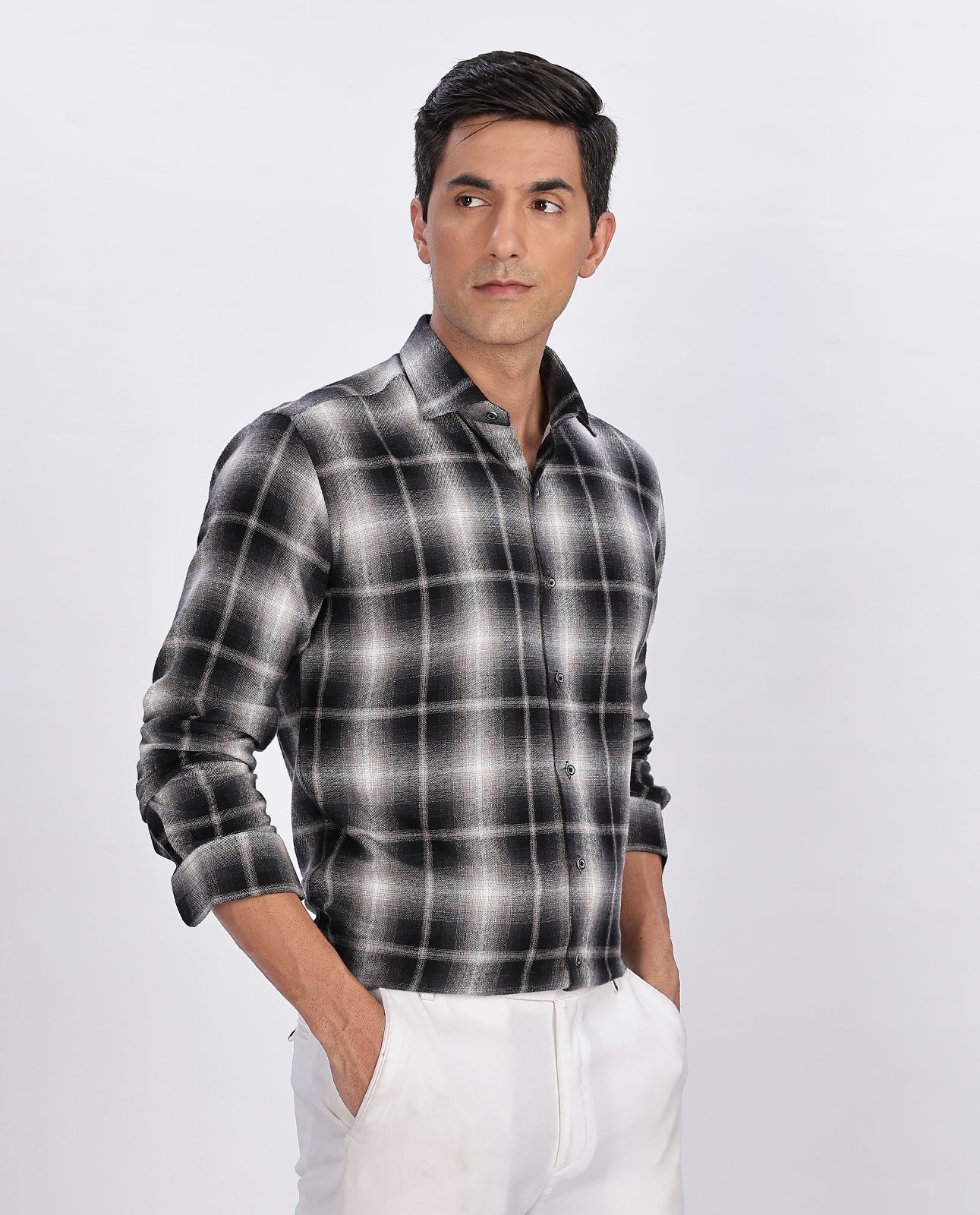 Men's Black Brushed Checks Regular Fit Shirt - Goamen