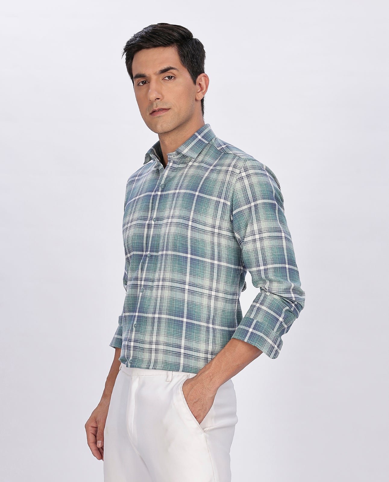 Men's Green Brushed Checks Regular Fit Shirt - Goamen