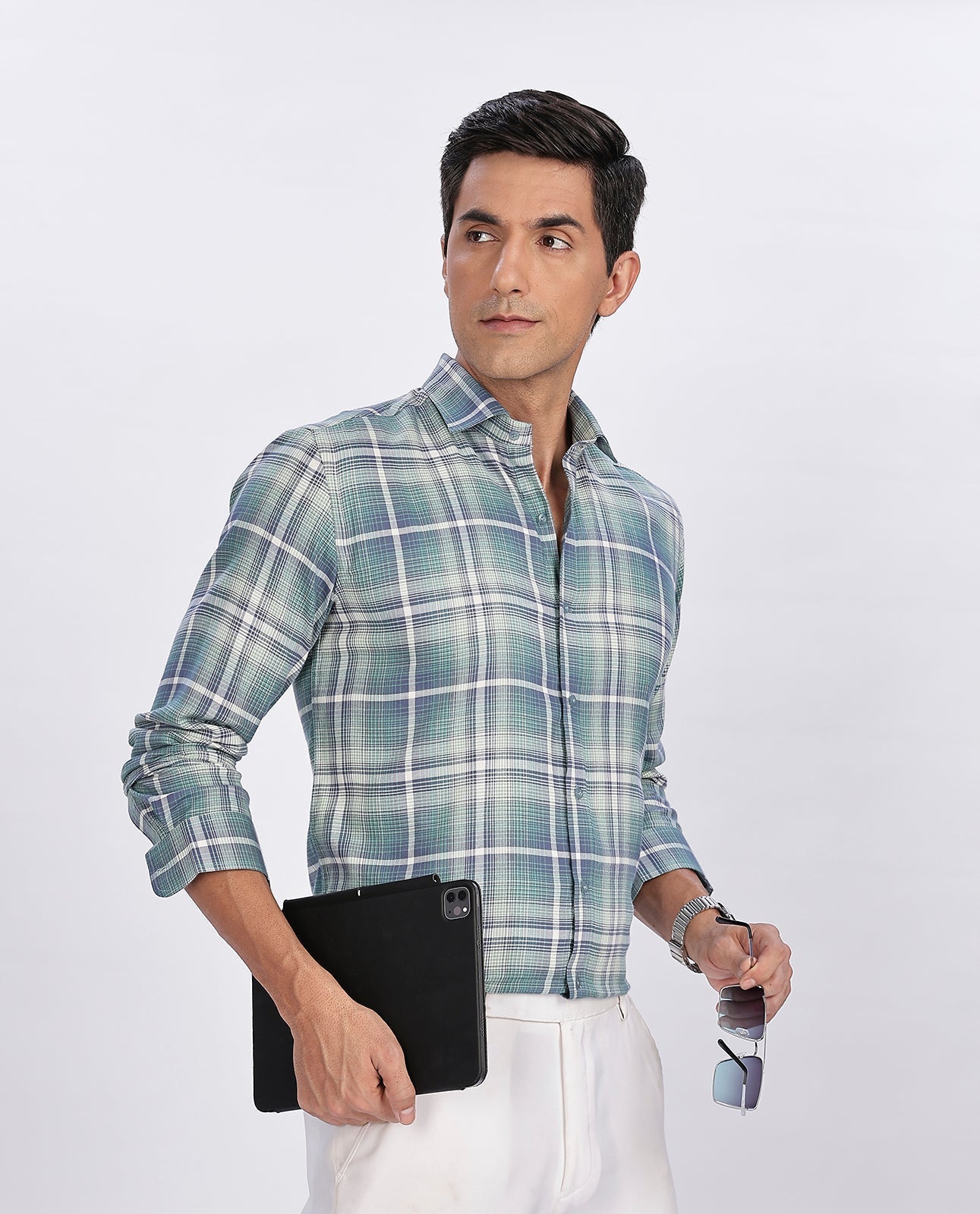 Men's Green Brushed Checks Regular Fit Shirt - Goamen
