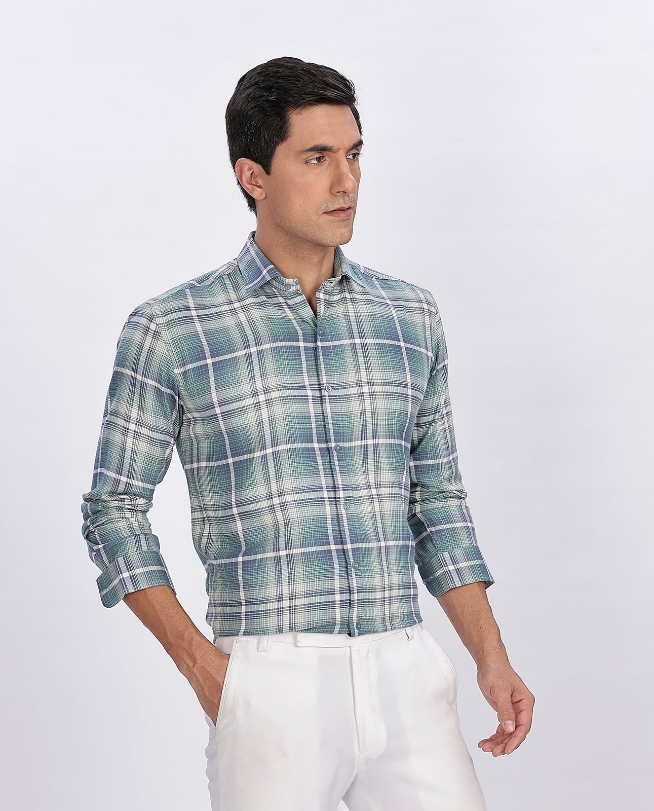 Men's Green Brushed Checks Regular Fit Shirt - Goamen
