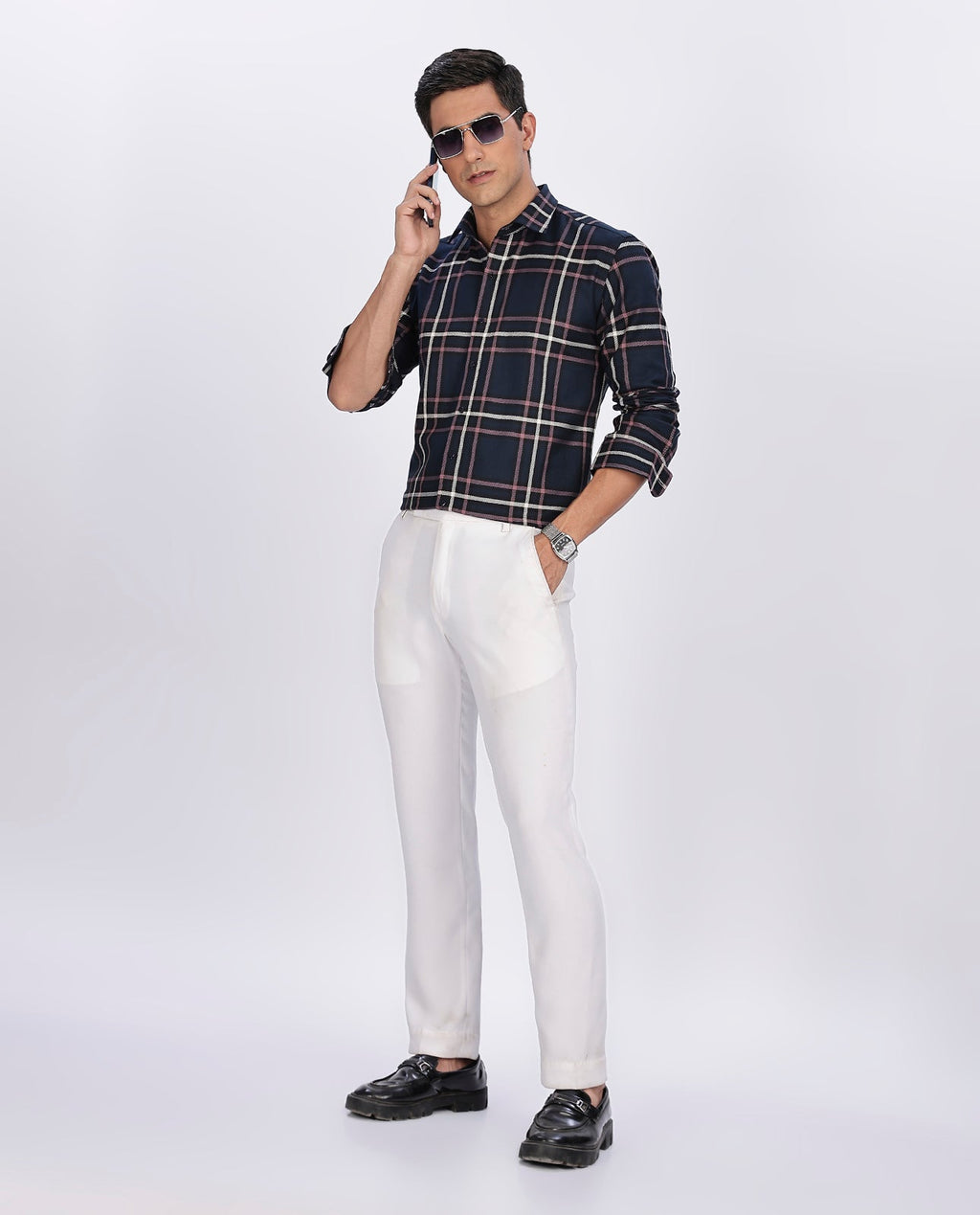Men's Navy Blue Brushed Checks Regular Fit Shirt - Goamen