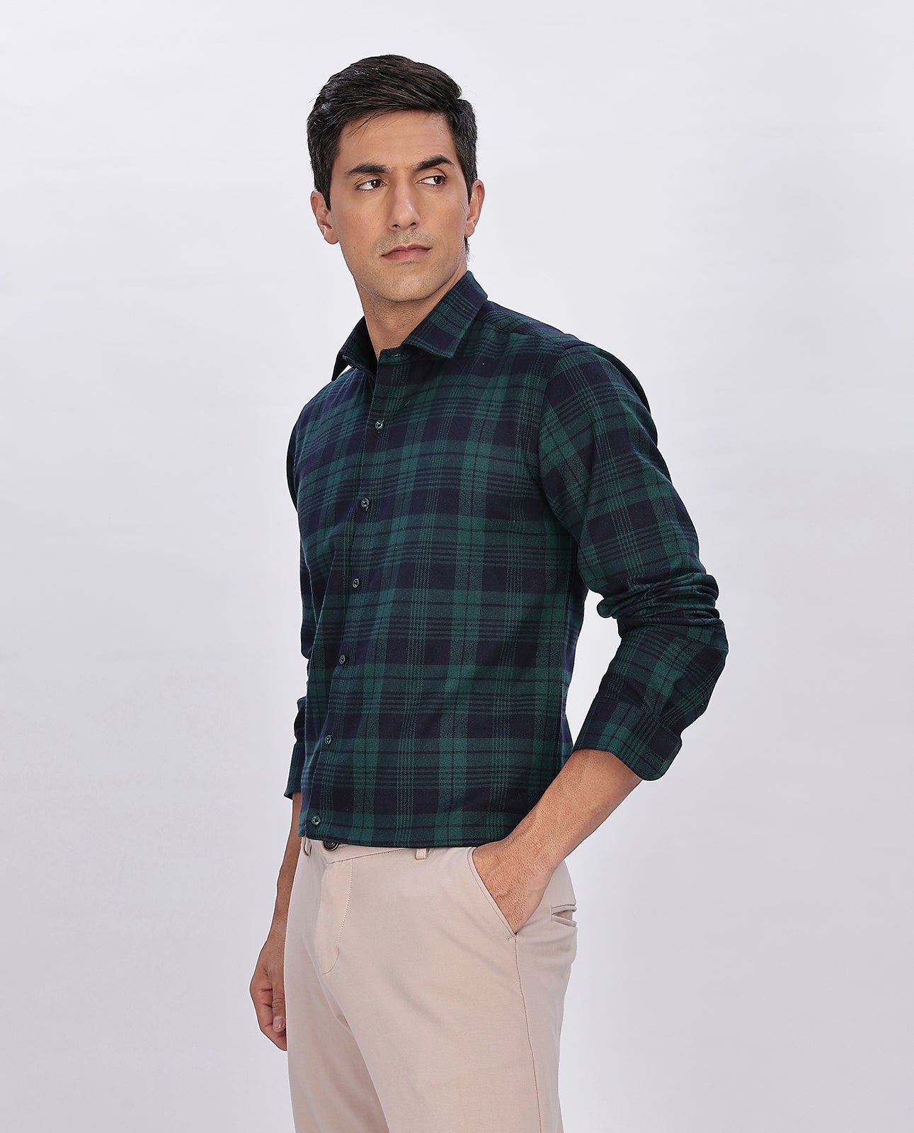 Men's Green Brushed Checks Regular Fit Shirt - Goamen