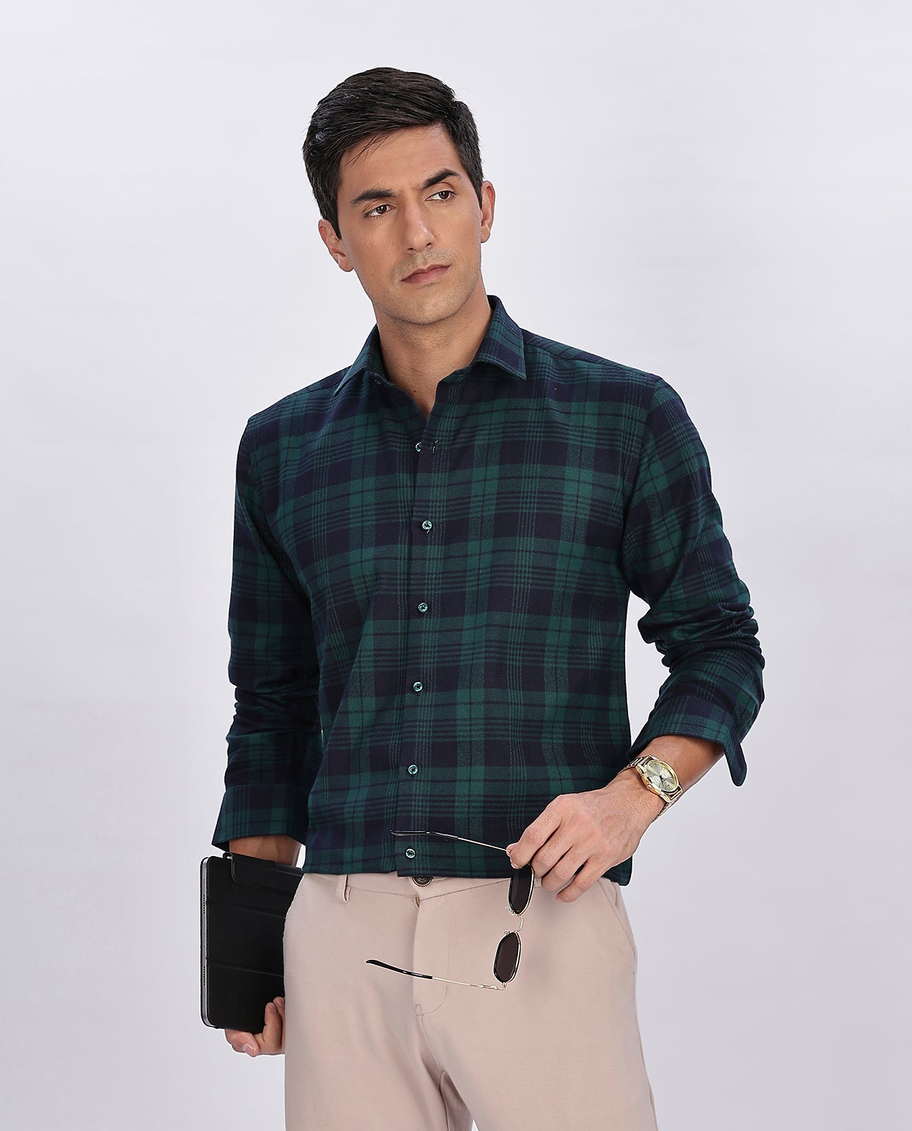 Men's Green Brushed Checks Regular Fit Shirt - Goamen