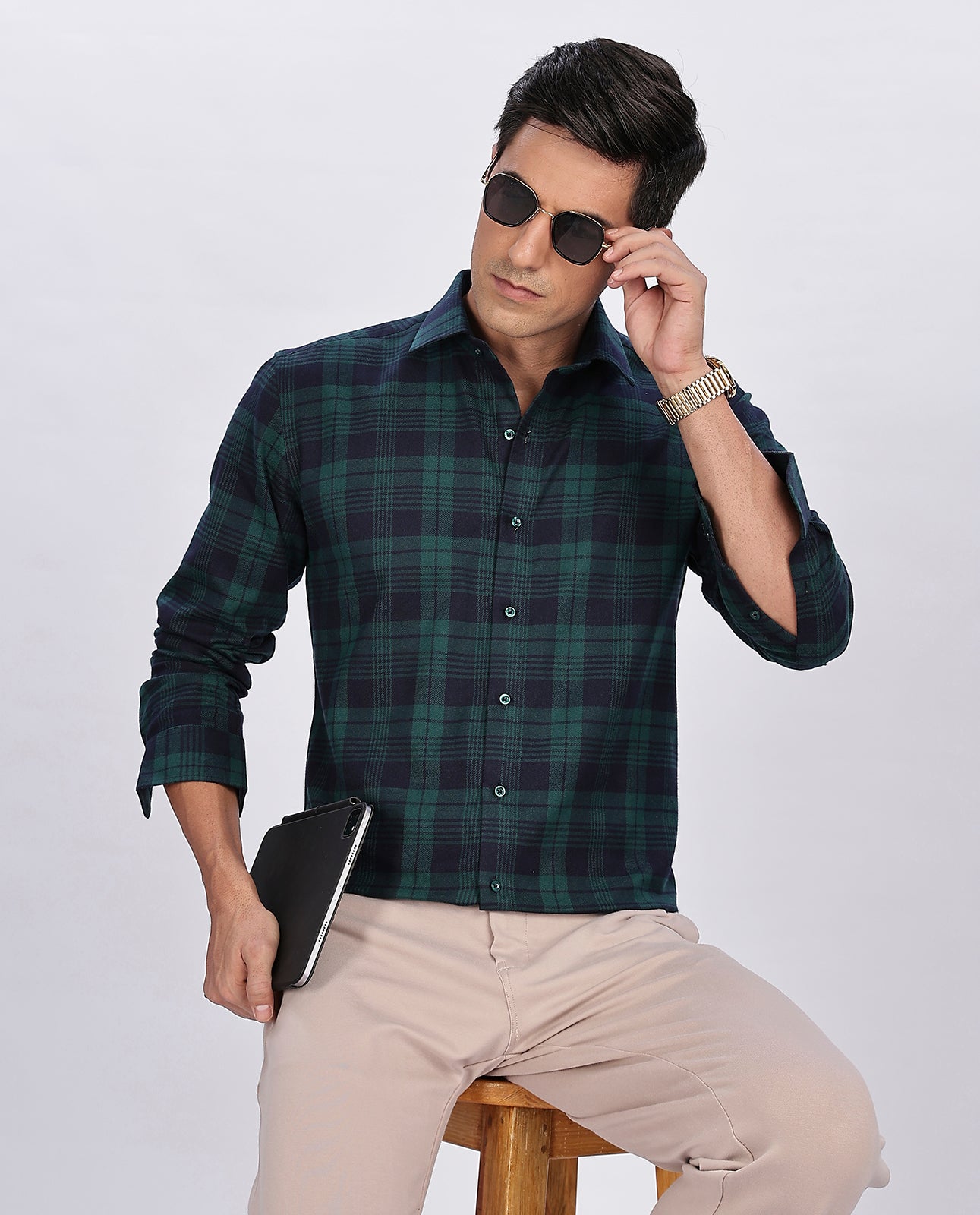 Men's Green Brushed Checks Regular Fit Shirt - Goamen