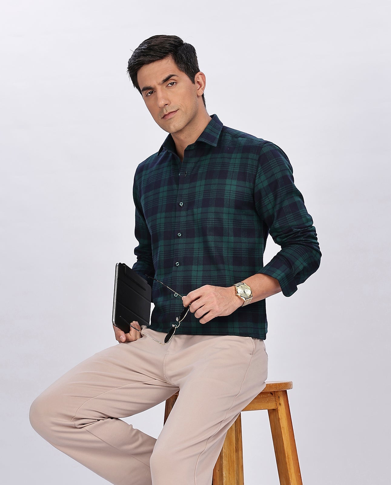 Men's Green Brushed Checks Regular Fit Shirt - Goamen