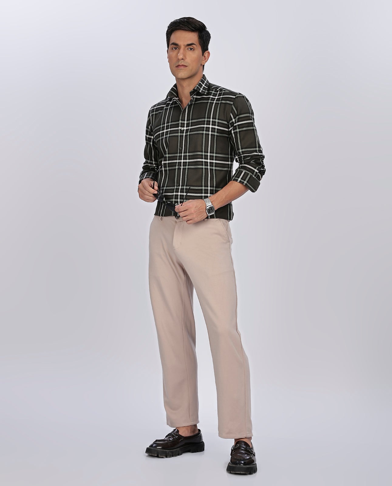 Dark Gray Brushed Checks Regular Fit Shirt - Goamen