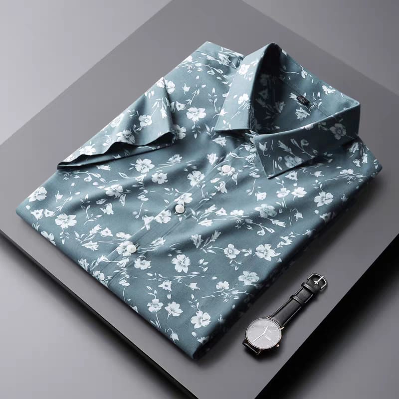 Men's Navy Flower Printed Regular Fit Shirt - Goamen