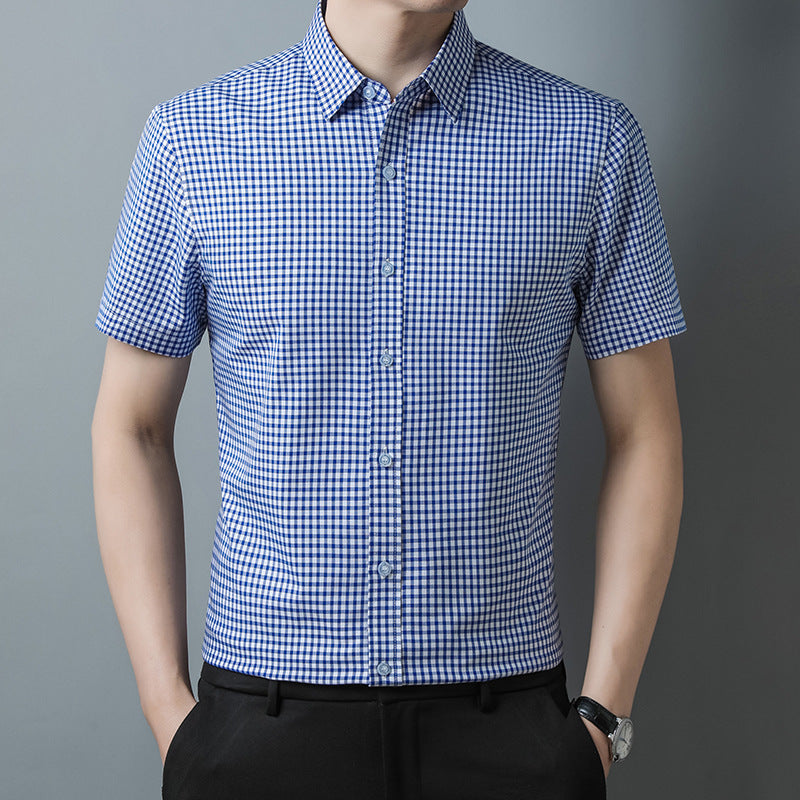 Men's Navy Checked Regular Half Sleeve Shirt - Goamen