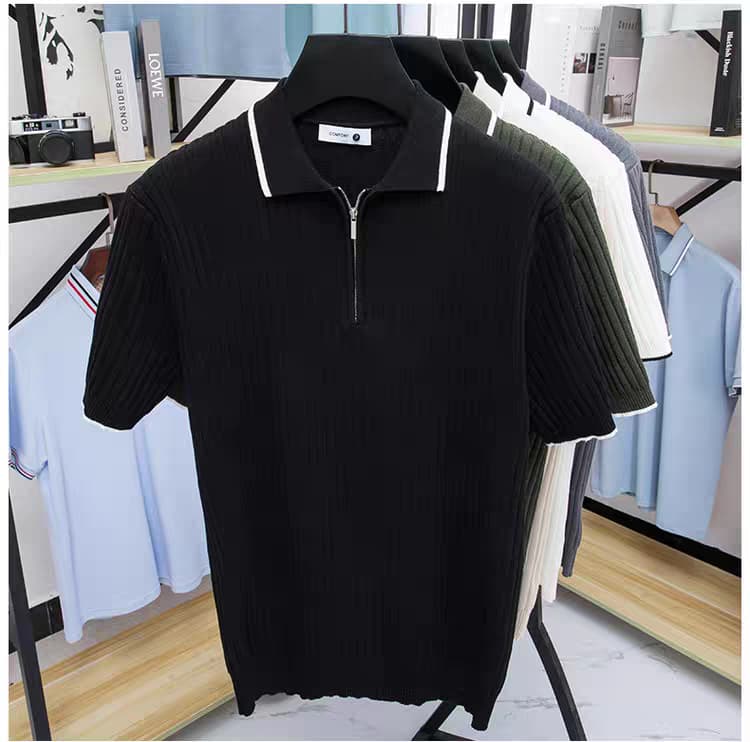 Men's Black Woolan Zip Half Sleeve T-Shirt - Goamen