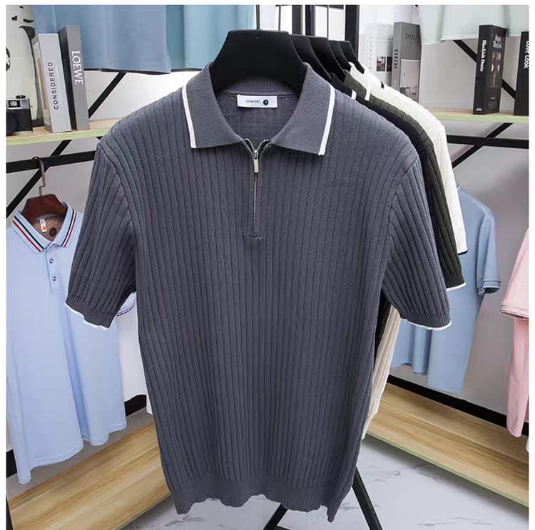 Men's Grey Woolan Zip Half Sleeve T-Shirt - Goamen