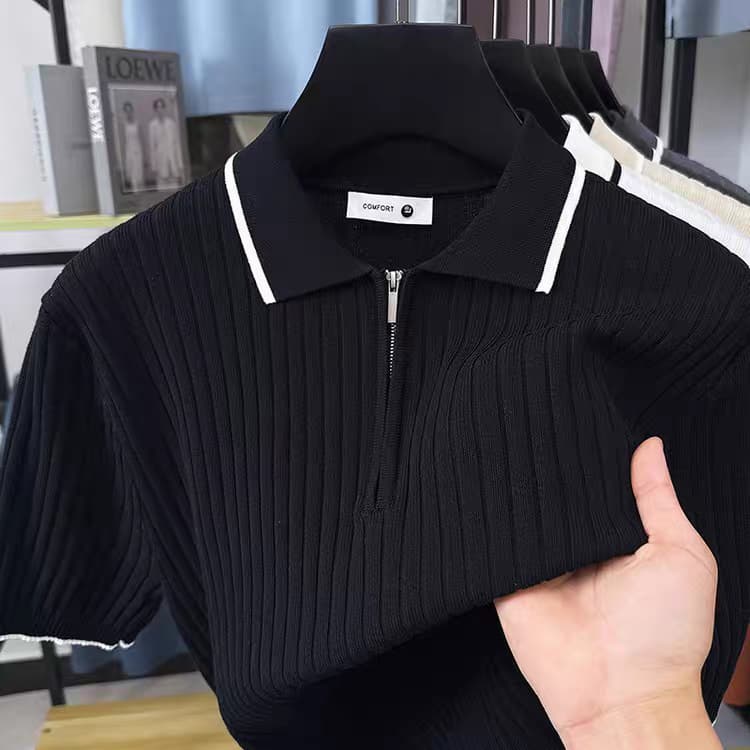 Men's Black Woolan  Zip Half Sleeve T-Shirt - Goamen