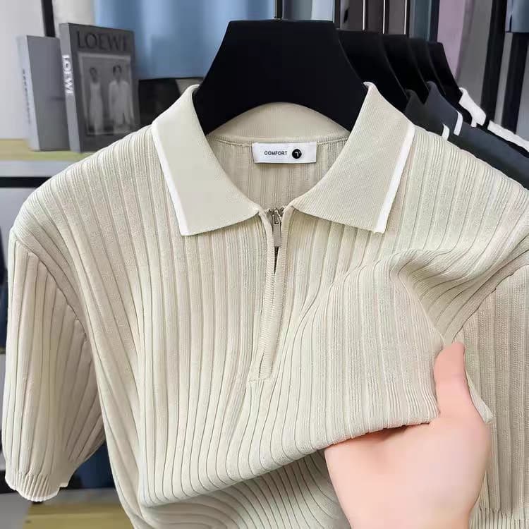 Men's Brown Woolan Zip Half Sleeve T-Shirt - Goamen