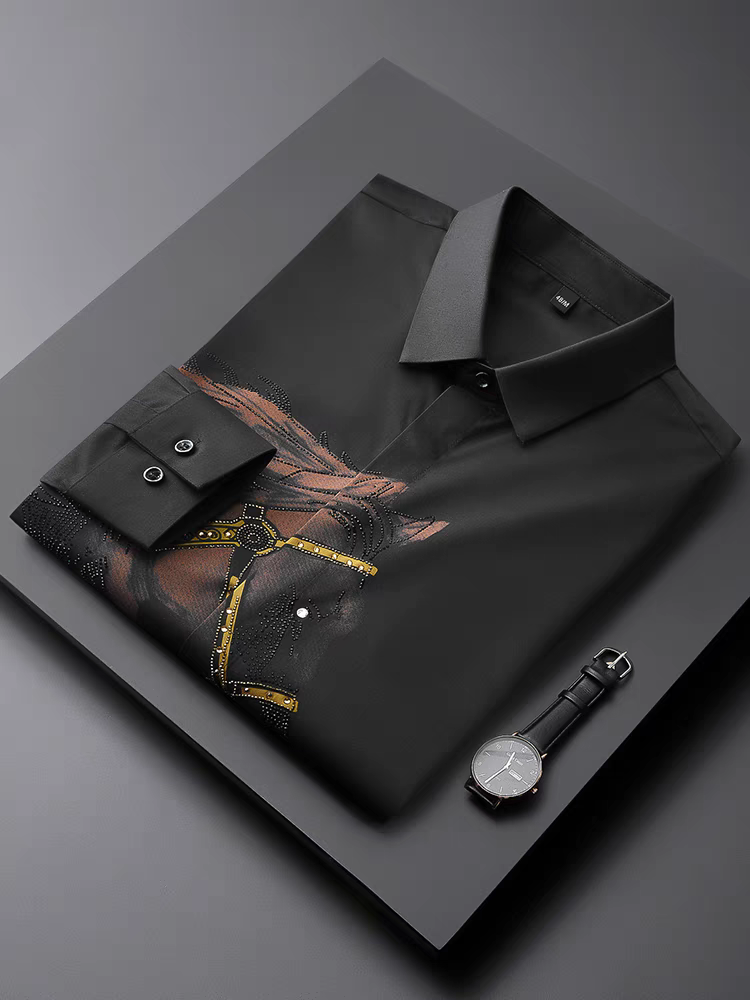 Luxury Rhinestone Black Intricate Horse Design Shirt - Goamen